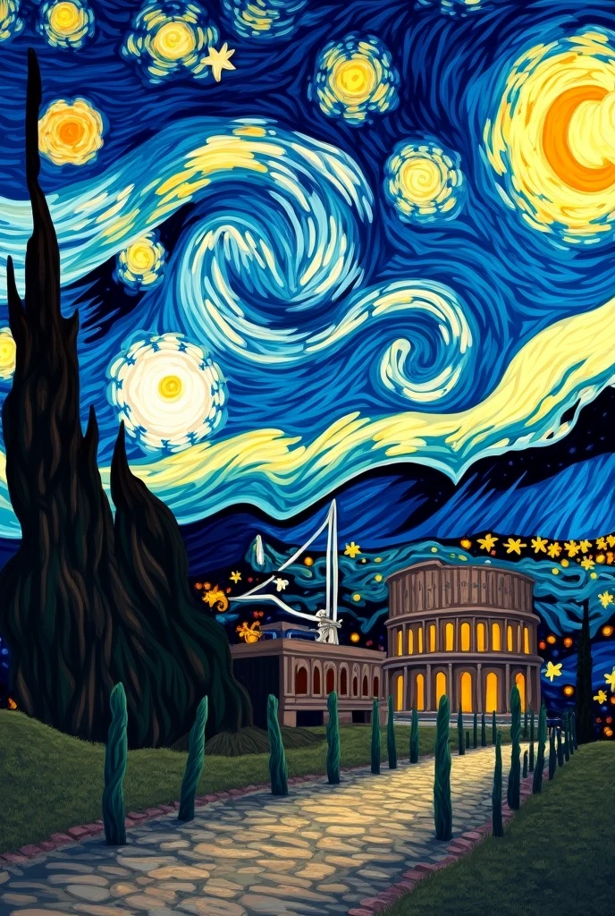 recreate van gogh's 'starry night' art but, in place of the cypress, I put a coliseum with the same color palettes as the cypress.