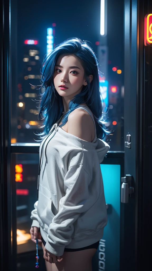 (masterpiece), best quality, ultra high res,, cyberpunk 1girl flying above stunning cityscape ,hoodie,blue hair, neon color shooting stars, very long hair, off shoulder, feather hair ornament, neon colors, flashes, stunning night sky, cinematic lighting, photorealistic, realistic skin, HDR,fisheye