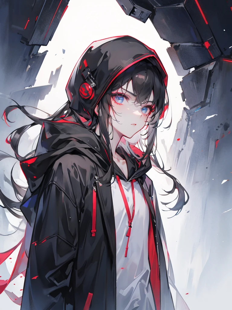 Upper Body, Handsome, wearing a black hooded hoodie, cyber punk、Sharp Eyes