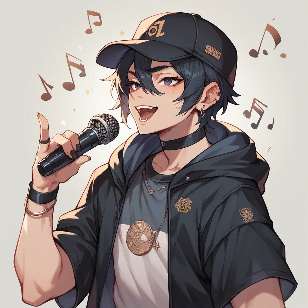 A singer with a black wear and a black glass