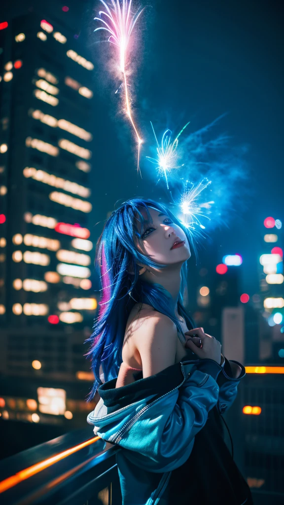 (masterpiece), best quality, ultra high res,, cyberpunk 1girl flying above stunning cityscape ,hoodie,blue hair,  neon color shooting stars, very long hair, off shoulder, feather hair ornament, neon colors, flashes, stunning night sky, cinematic lighting, photorealistic, realistic skin, HDR,fisheye