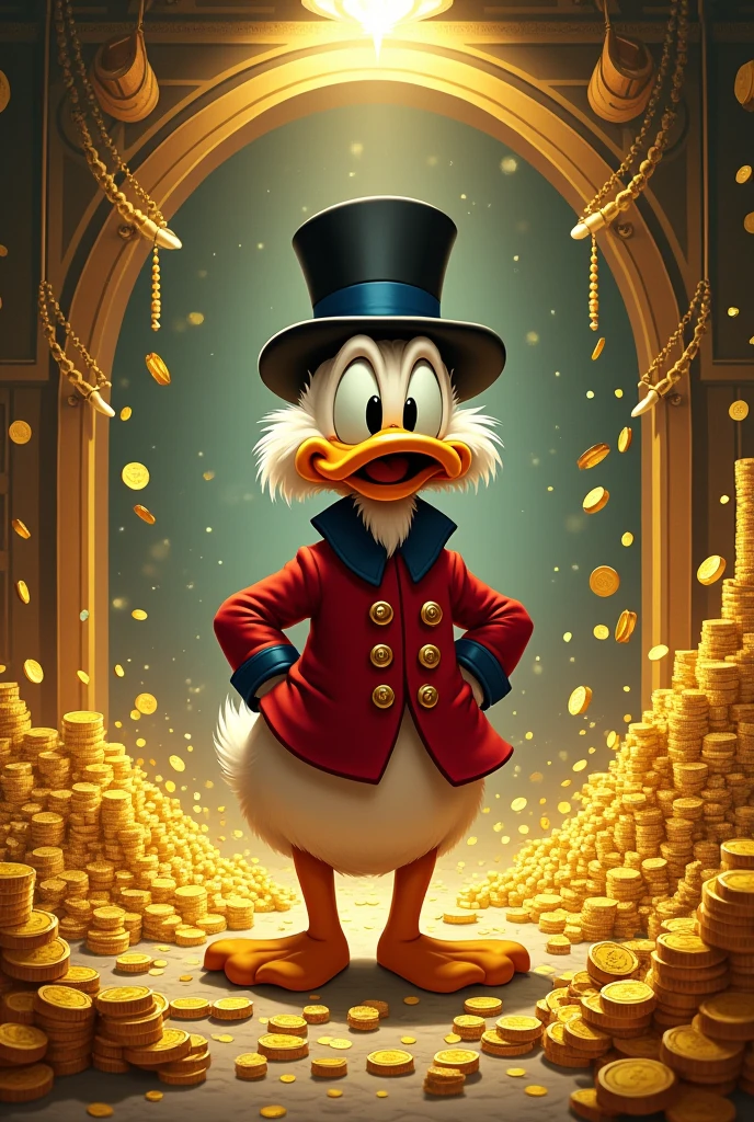 Create an image with Uncle Scrooge with lots of money 
