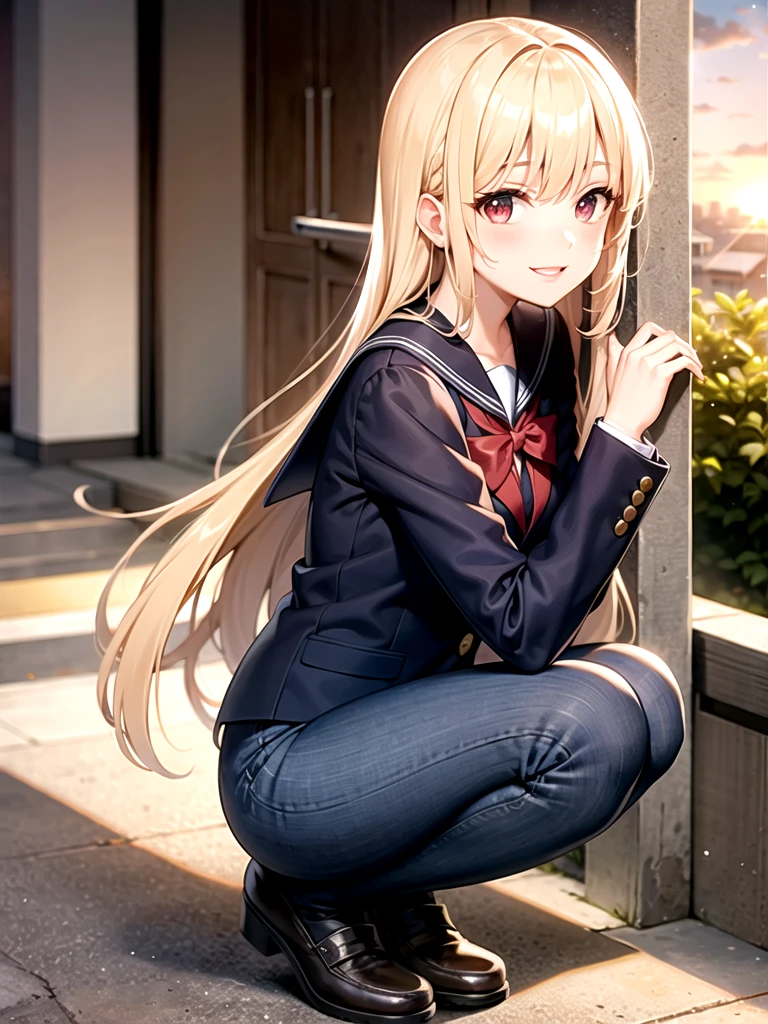 Blonde long hair high school girl、Red eyes、Sailor suit、blazer、School stairs、squat、smile、sunset