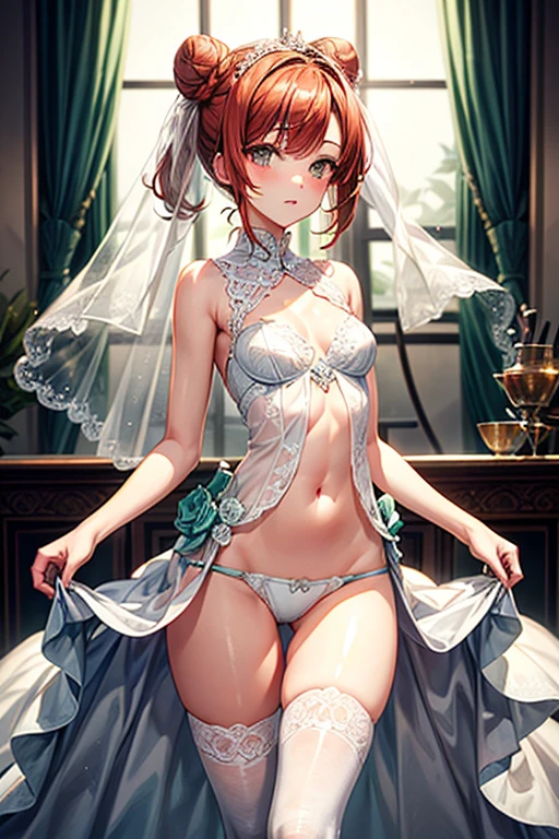 Small breasts, (split-front wedding dress, navel, small lace panty, hip bones), lace thigh-highs, thigh gap, (short auburn hair, elegant bun), green-gray eyes.