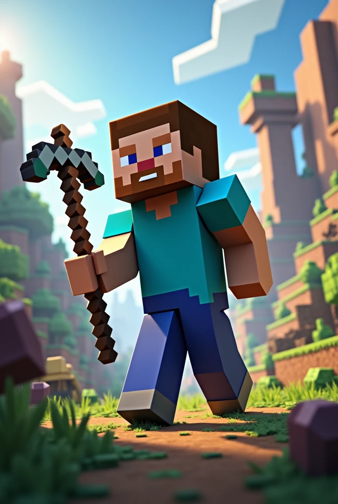 A picture with Steve from Minecraft holding a pickaxe and several different games behind
