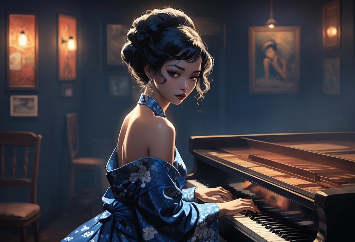 obert johnson, gritty, alabama bar, blue note, charismatic , leopard skin dress, illustration, noir fantasy, lone lady, sad ending, japanese kimono woman pianist blues bluesmusic blues bar sad feeling dark moonlight usa america south blues bar