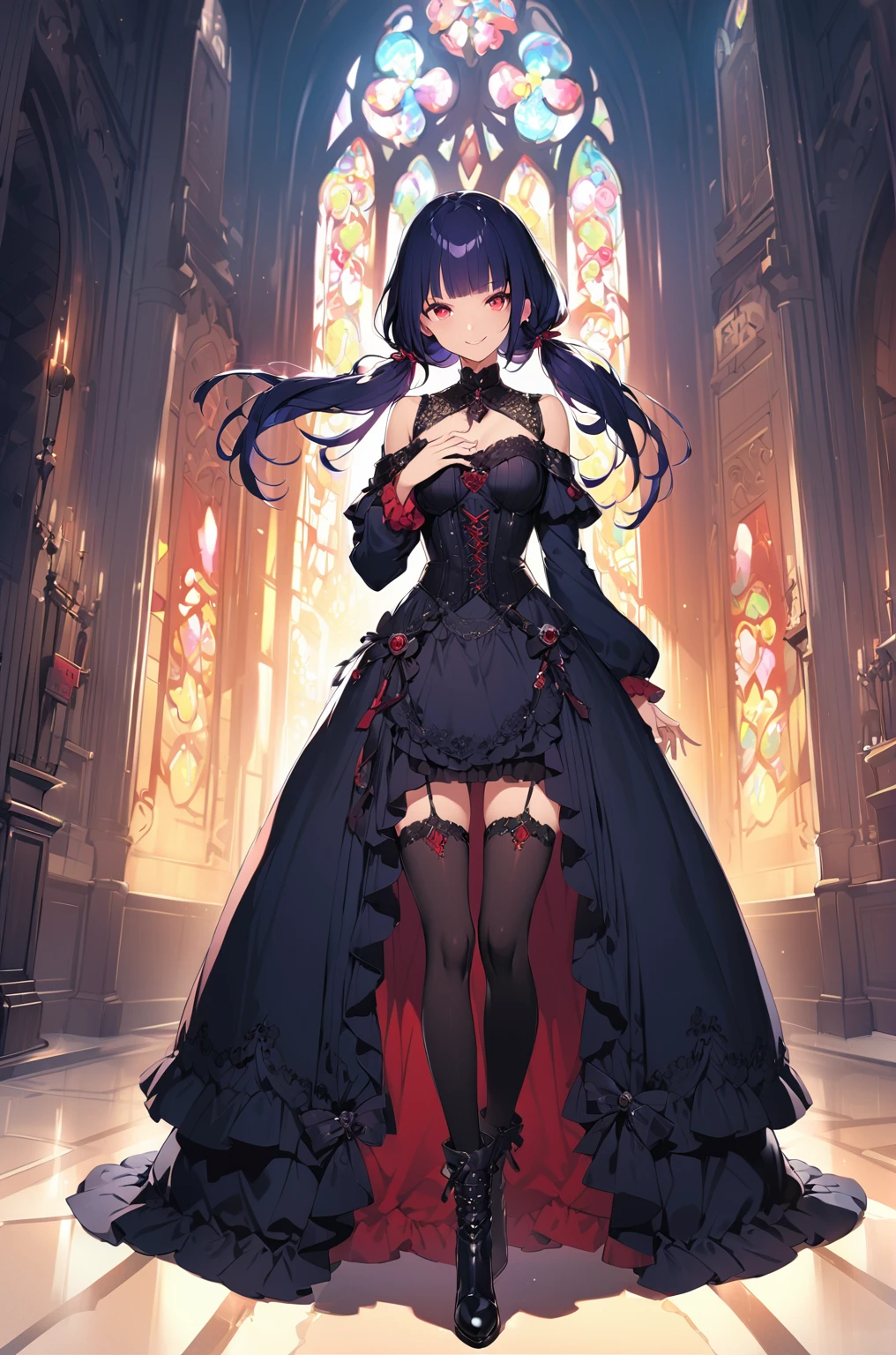 [(church background:1.4)::5],Original,(Illustration:1.1),(Best Quality),(masutepiece:1.1),(the Extremely Detailed CG Unity 8K Wallpapers:1.1), (Colorful:0.9),(mid-shot:0.95),(Full body:1.5),Dynamic Angle,(Solo:1.2), (girl),((Adult)), (Detailed beautiful eyes:1.15), (Beautiful face:1.15), (Glowing red eyes:1.25////),((dark blue long hair)),(Blunt bangs),(low twintails),(+perfect hand+:1.21),(Draw an illustration of a gothic girl),(Religious),(slender),(she has boots on her feet),((Wearing a black dress)),(Furious), Lace Off Shoulder Lolita Fashion,Beautiful slender woman,((Evil smile)),Dark blue short hair,Dark blue short hair,Laugh,