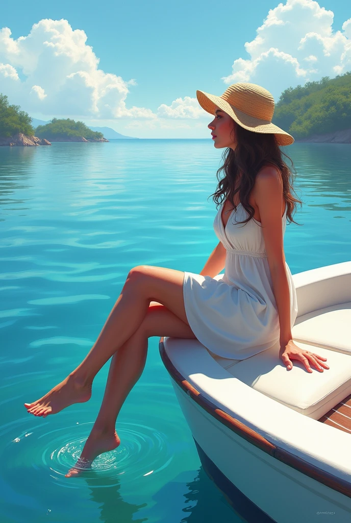 "Create an image of a woman sitting on the edge of a boat, wearing a summer dress, with her legs dangling over the water. The scene should capture the boat, the surrounding ocean, and distant islands in the background."
