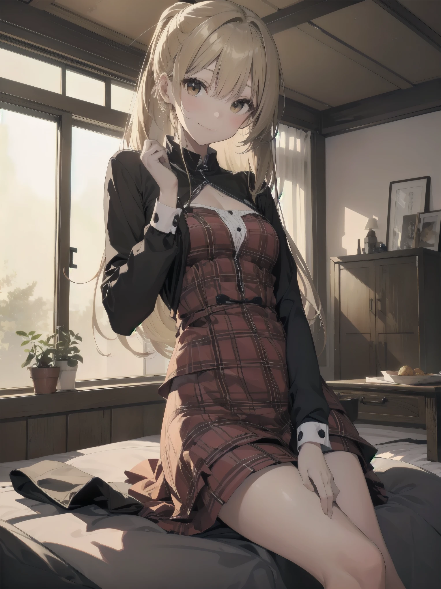 (Masterpiece: 1.3), (Best Quality: 1.2), close-up of one beautiful girl, super hyper-detailed illustration,
BREAK
(Body type: slender, small breasts, naturally charismatic)
BREAK
(Face: outstanding looks, mature beauty, golden brown eyes)
BREAK
(Hairstyle: ponytail, long hair with a smooth texture, layered lightly around the face, ends at chest level, blonde hair)
BREAK
(Fashion: plaid printed splicing dress with vintage long sleeves, modest and stylish)
BREAK
(Pose: bending forward, arms behind her back, bright and inviting smile, silky hair)
BREAK
(Background: cozy, natural interior with wooden features and green tones, 7 tatami mat room with a cosmetic table, bed, futon, cushion, chair, and accessories)