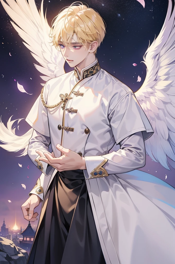 masterpiece, Best Quality, 2.5d illustration , 8k cg wallpaper, A handsome Korean high school boy with blond hair and violet eyes., The child wears angelic clothing, Angel wings, sexy korean bad boy, cara melancolica, sad