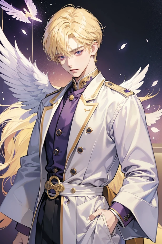masterpiece, Best Quality, 2.5d illustration , 8k cg wallpaper, A handsome Korean high school boy with blond hair and violet eyes., The child wears angelic clothing, Angel wings, sexy korean bad boy, cara melancolica, sad