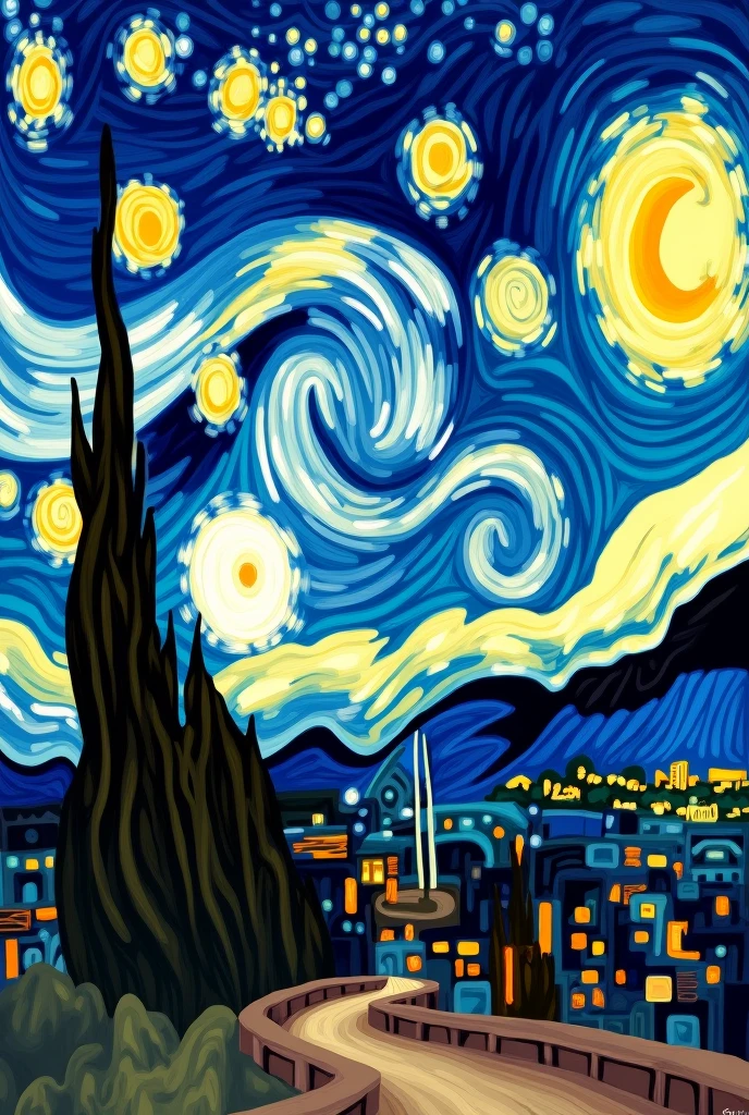 recreate van gogh's 'starry night' art but, in place of the cypress, place a coliseum with the same color palettes as the cypress.