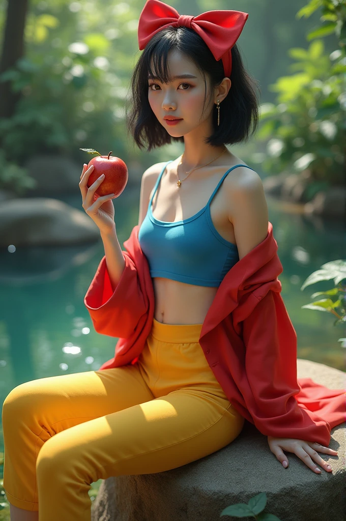 A Korean K-pop idol with short black hair, wearing two piece: a blue top, yellow bottom, and a red cover-up. She has a red bow headband, sitting on a rock with an apple in her hand. The background is a forest pond.