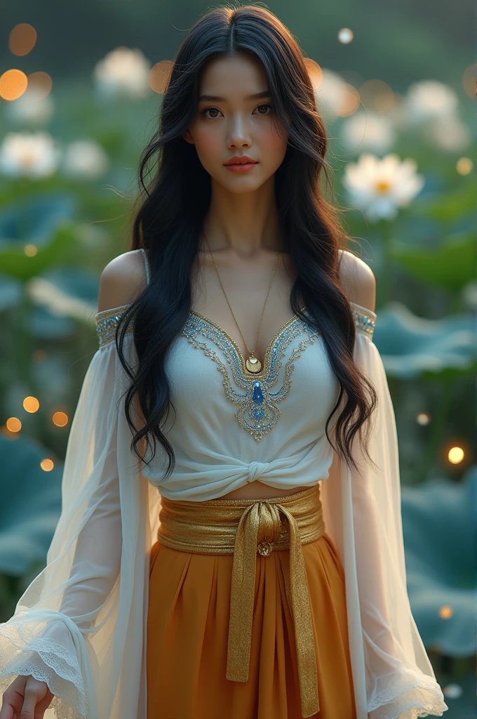 In the wind of the evening stars, of the evening stars, blowing small white flower petals, full-body picture of a beautiful, sweet young woman, 25 years old, wearing a white Thai dress with blue and gold sparkles, a gold sarong, a golden orange silk skirt, long black hair, long black hair tied loosely. The scene is beautiful like a dream, a scene of a beautiful lotus pond, small orange, glowing light, 3D picture, oil painting, sharp picture.
