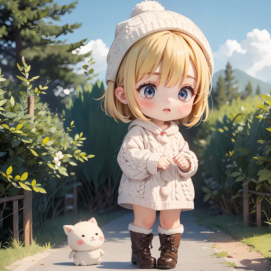 Super Chibi Character：1.8、Blonde Hair、Cute 7 year old girl、Knitted sweater、Wearing cute boots、Super Chibi Character：1.8、White Breath、seems cold、Snow Scene、Cute knitted hat