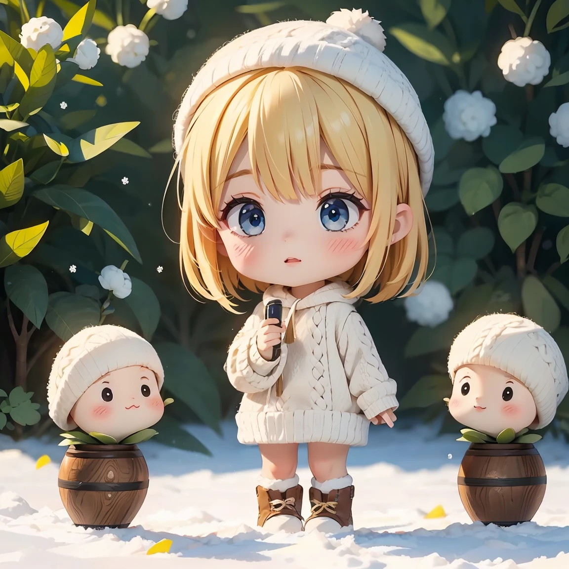 Super Chibi Character:1.8、Blonde Hair、Cute 7 year old girl、Knitted sweater、Wearing cute boots、Super Chibi Character:1.8、White Breath、seems cold、Snow Scene、Cute knitted hat