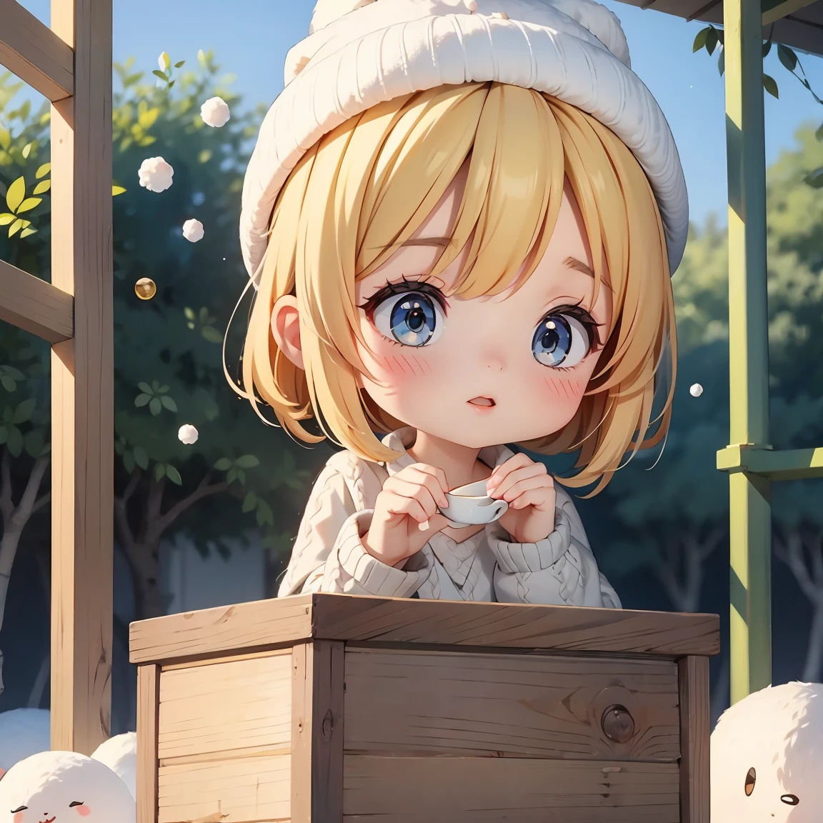 Super Chibi Character:1.8、Blonde Hair、Cute 7 year old girl、Knitted sweater、Wearing cute boots、Super Chibi Character:1.8、White Breath、seems cold、Snow Scene、Cute knitted hat