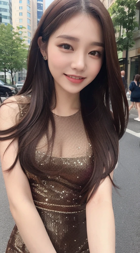 ((Best quality, 8k, Masterpiece :1.3)), 1girl, smiling, full body, slim face, Pretty woman, (Dark brown hair), full length dress :1.1, Ultra-detailed face, Detailed eyes, Double eyelid, blur background, slim face, city, outside, street,