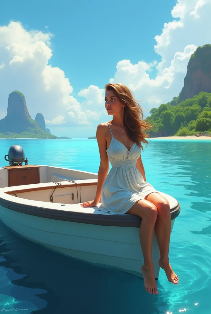 "Create an image of a woman sitting on the edge of a boat, wearing a summer dress, with her legs dangling over the water. The scene should capture the boat, the surrounding ocean, and distant islands in the background."