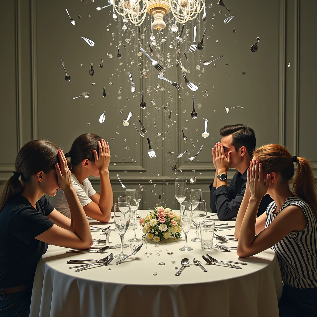 realistic photograph of a shower of hundred of forks, knives and spoons, all metal, falling on a dining room, the four people seated at the table cover their heads for fear of being hit by the cutlery, cutlery falls on the table and bounces all over the place, all four people have a fearful expression, the impressionistic effect is created