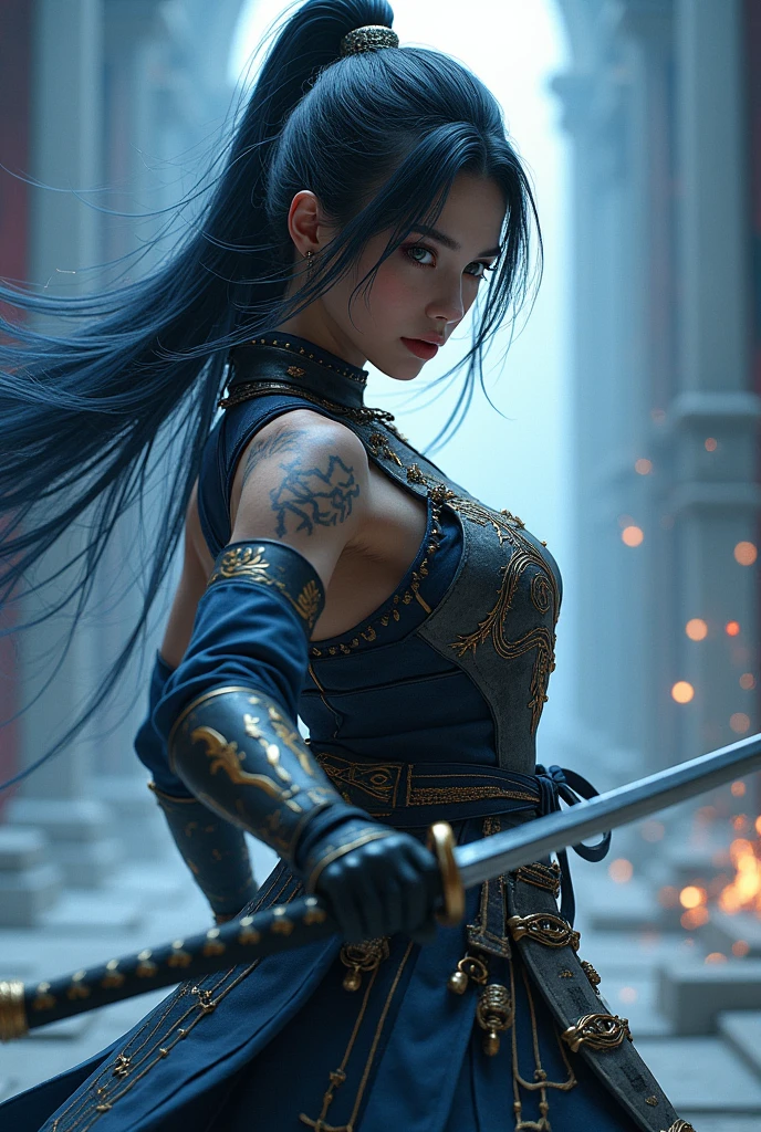 Beautiful Final Fantasy Lightning-like samurai, injured female warrior, fighting pose