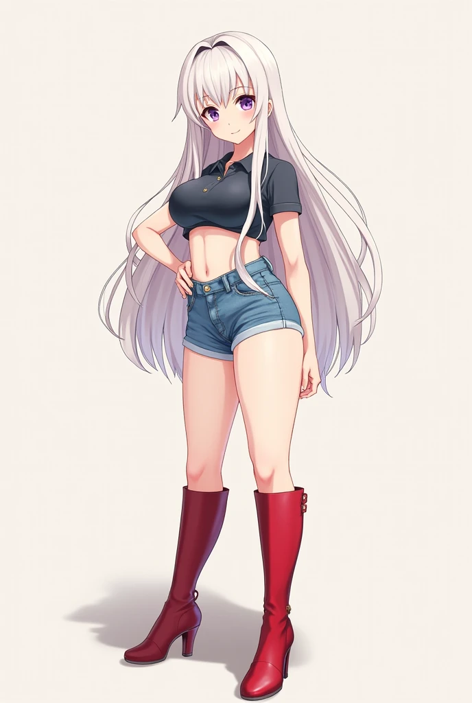 Beautiful anime girl with a good body and small and adorable with a short polo shirt with high heels that shows her belly button and her breasts and red boots with high heels and a purple and green eye and long hair and her hair is white and short almost light blue shorts tight to the legs.
