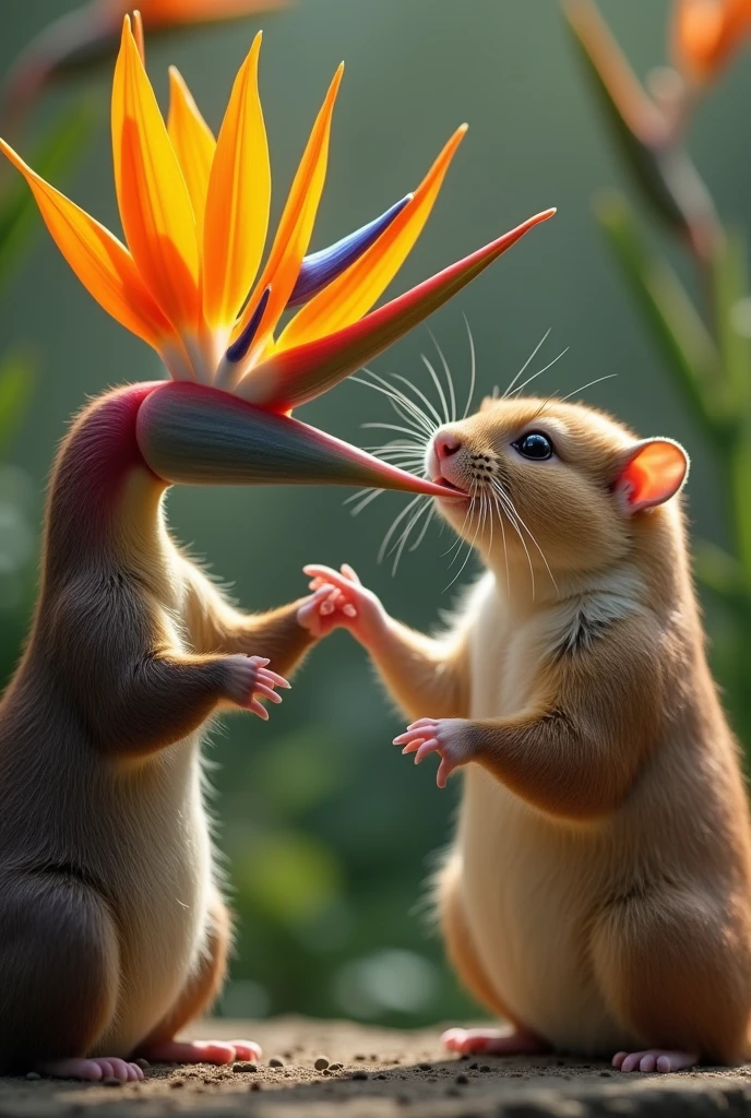 A Hamster pointing at a colorful and exotic flower while an Otter watches it.