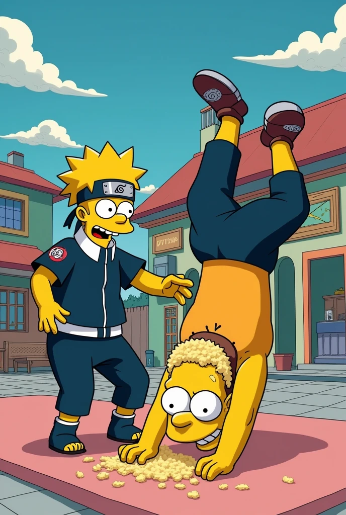 Naruto wearing a grated cheese headband, teaching homer simpsons how to do somersault 