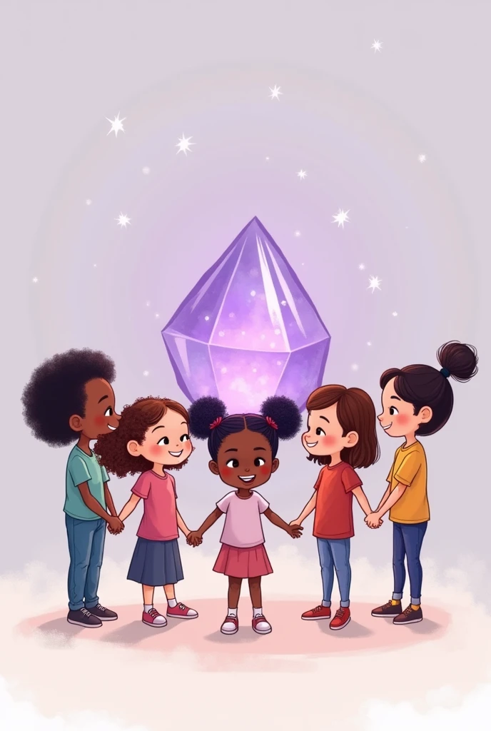 I need an image where there are five humble children around a LILAC crystal globe and they are all smiling and holding hands. I also need them to look like they've been drawn, as is they were cartoon characters. One of the children needs to be black. Without a background. Square image and I need children not to look so much like they were made by artificial intelligence