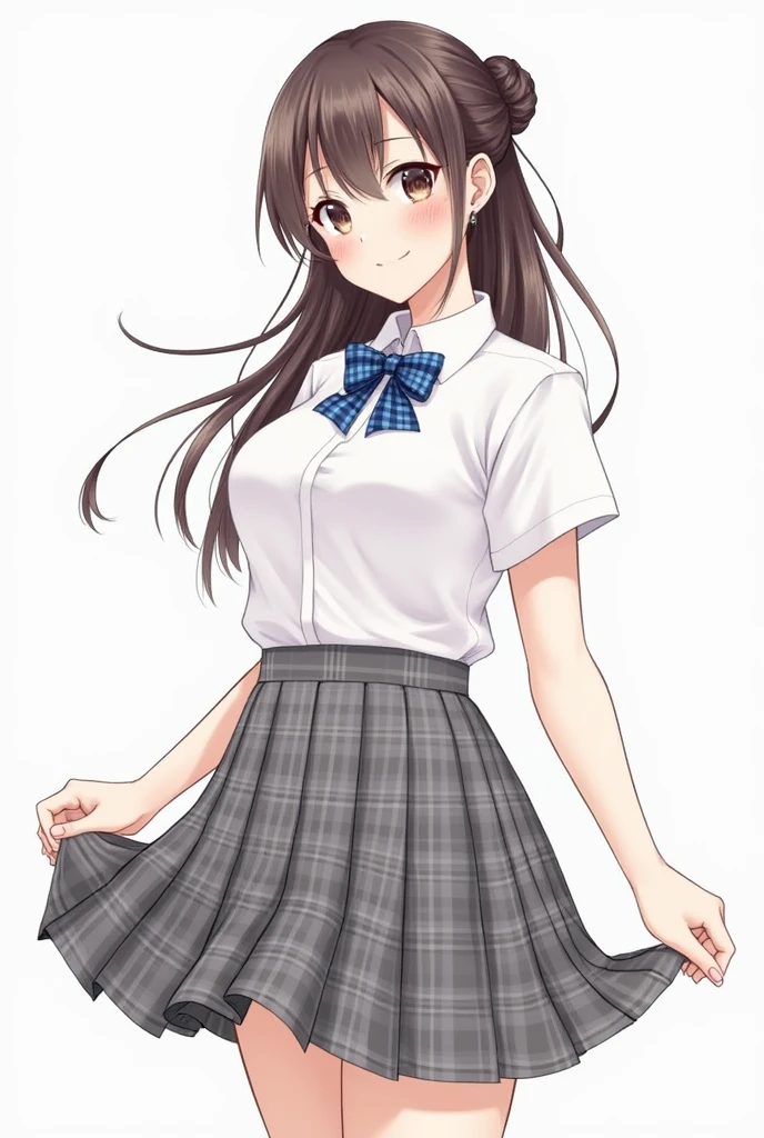(masterpiece:1.2, Highest quality), (Realistic, photoRealistic:1.4), Beautiful illustrations, 
Looking at the audience, whole body, Front view:0.6, 
1 girl, Japanese, high School girl, (Long Hair:1.5), Hair fluttering, ((Hair Bun:1.5)), bangs, Hair between the eyes, Big Breasts:0.8, 
Beautiful Hair, Beautiful Face, Beautiful and detailed, Beautiful clavicle, Beautiful body, Beautiful breasts, Beautiful thighs, Beautiful legs, Beautiful fingers, 
(Beautiful views), , School,
((Collared short-sleeved shirt, White shirt, , Grey plaid pleated skirt, Blue checked bow tie)), White panties, 
(Are standing, , Lift up the skirt, Grab the hem of your skirt, please put your hand on your chest, Place your hands between your legs), 
blush, ,