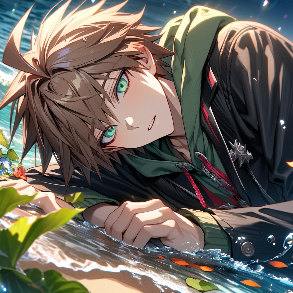 Ultra detailed, HDR, Highres, absurdres, master piece, Naegi Makoto, brown hair, expressive teal eyes, black jacket, green hoodie, Danganropa, sexy man, handsome, flowers, petals, fantasy, magical, green leaves, handsome, best quality, glittering, water, beach, solo, black pants, close up,