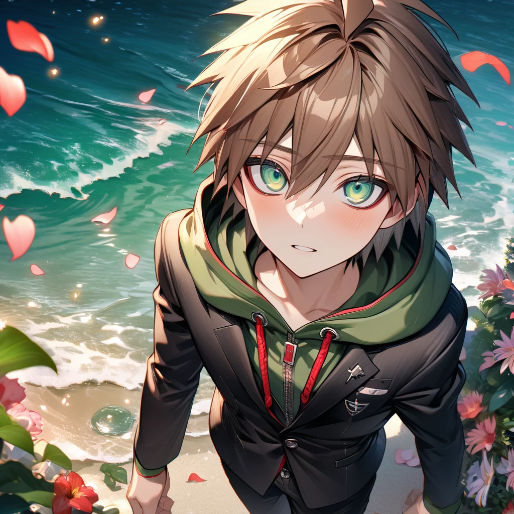 Ultra detailed, HDR, Highres, absurdres, master piece, Naegi Makoto, brown hair, expressive teal eyes, black jacket, green hoodie, Danganropa, sexy man, handsome, flowers, petals, fantasy, magical, green leaves, handsome, best quality, glittering, water, beach, solo, black pants, close up,