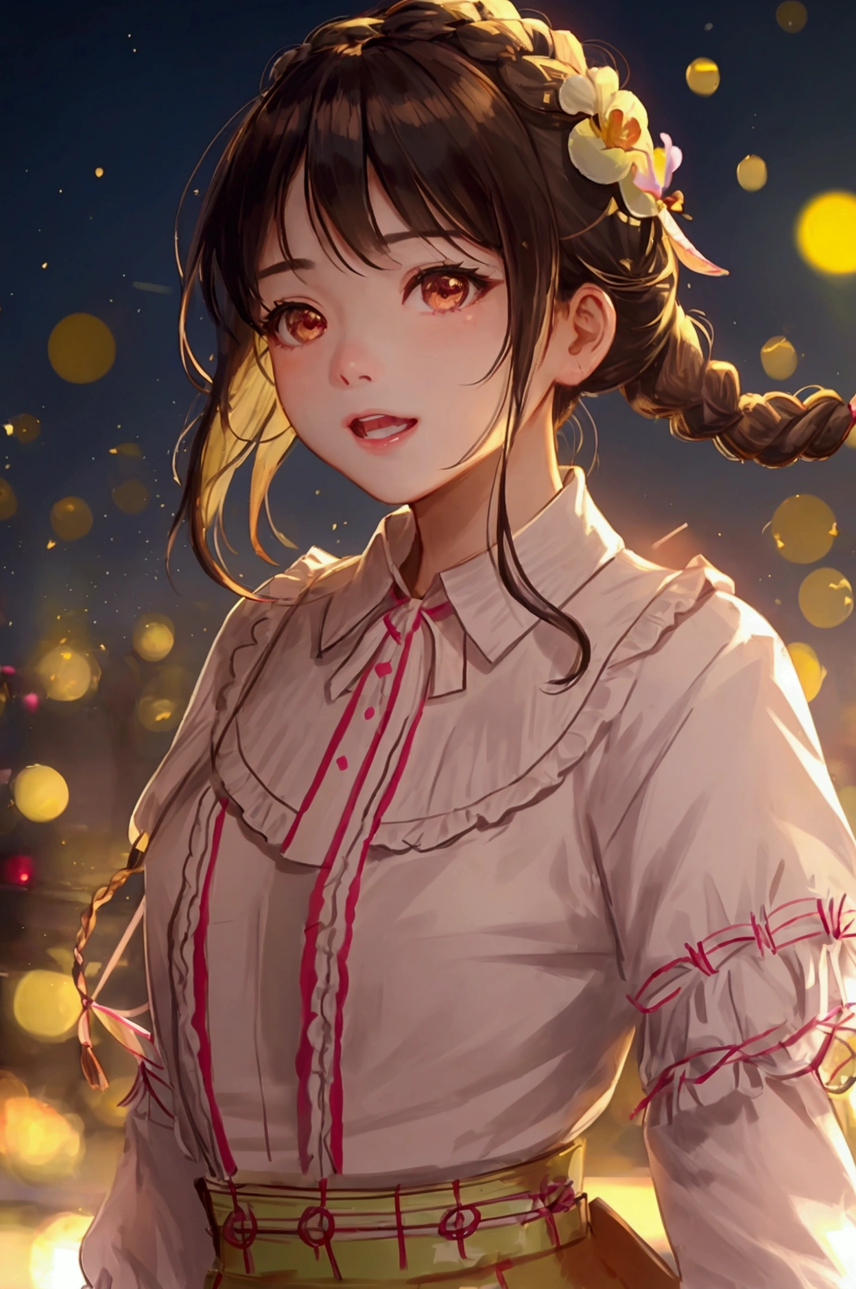 Highest quality, Realistic, 1peopleの女の子, woman,(Skin Dentition), Mid-chest, (bright), (Professional Lighting, Bokeh), (street), people々, crowd, Braided bangs, (blouse:1.5), (Portrait:0.8), nice, bloom, Floating Hair, (Dynamic pose:0.6) , Soft lighting, 