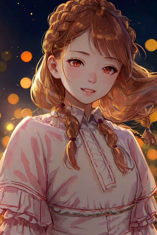 Highest quality, Realistic, 1peopleの女の子, woman,(Skin Dentition), Mid-chest, (bright), (Professional Lighting, Bokeh), (street), people々, crowd, Braided bangs, (blouse:1.5), (Portrait:0.8), nice, bloom, Floating Hair, (Dynamic pose:0.6) , Soft lighting,