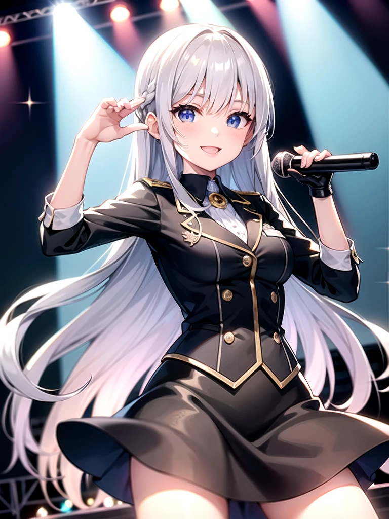 Long silver hair high school girl、Blue eyes、Stage Costumes、uniform style、Live Stage、Sparkling Spotlight、smile