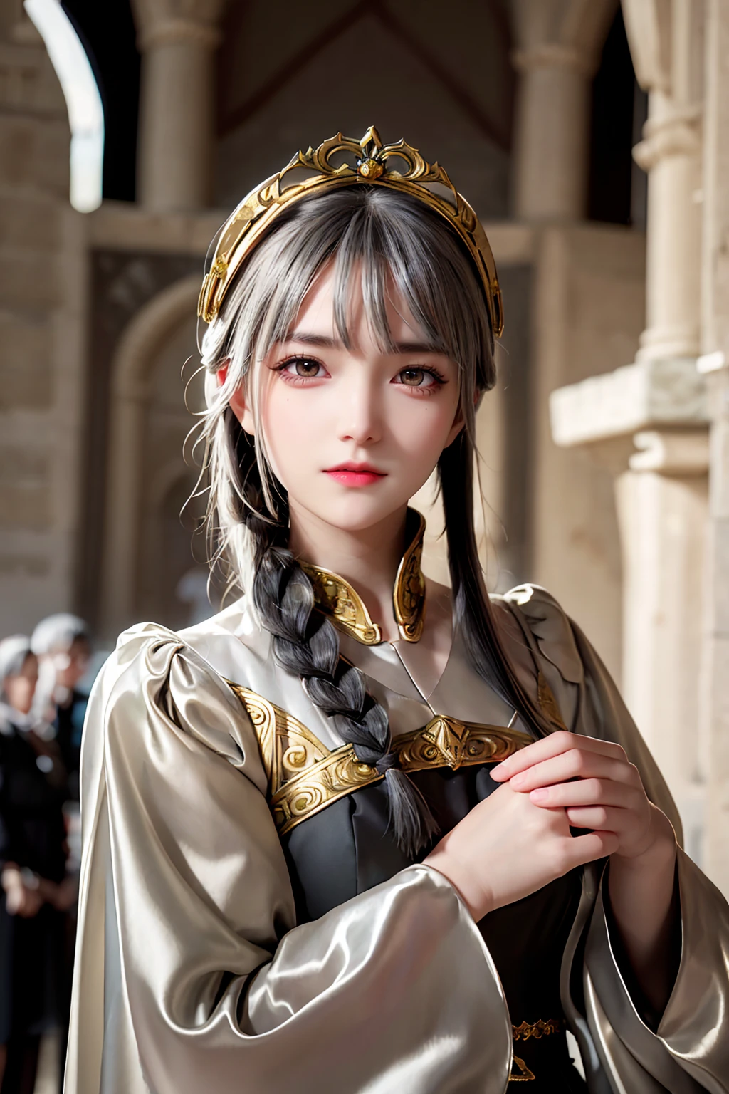 Highest quality, masterpiece,Gray Hair, Golden Eyes,Medieval dress, look up, Upper Body,hair,Fair skin,Side braid、Inside the medieval castle