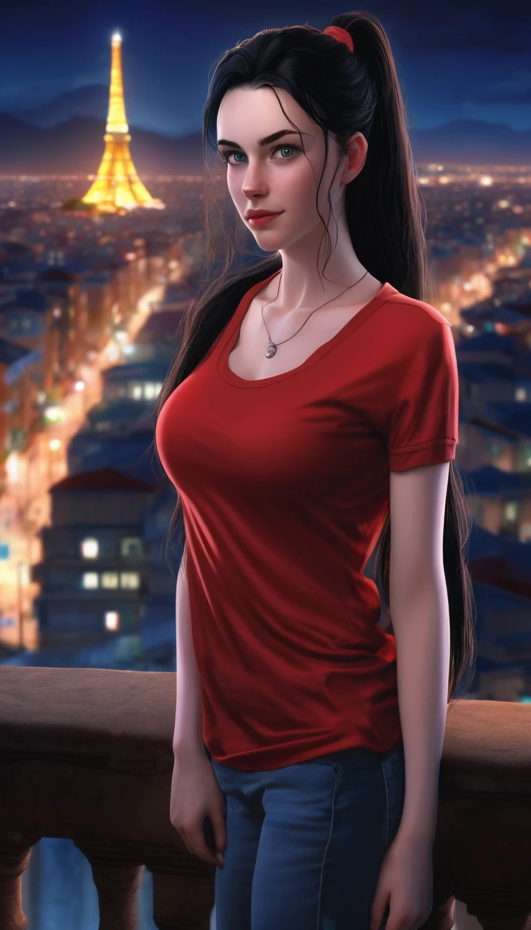 skini girl, red t-shirt , (((((pale skin)))))), blue eyes, white girl, deep black hair, ultra realistic, 16 years old, large breast, (((huge breast))), ponytail hair, candle lights, (Vista nocturna de la ciudad, Balcón moderno :1.1)