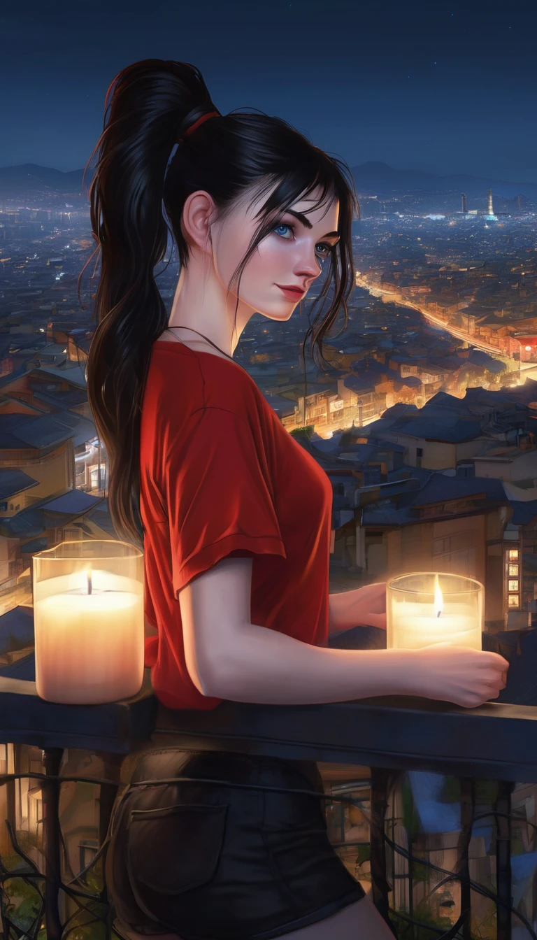 skini girl, red t-shirt , (((((pale skin)))))), blue eyes, white girl, deep black hair, ultra realistic, , large breast, (((huge breast))), ponytail hair, candle lights, (Vista nocturna de la ciudad, Balcón moderno :1.1)
