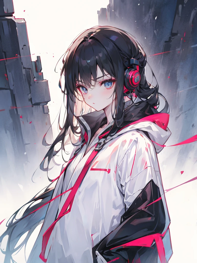 Upper Body, male、Handsome, wearing a black hooded hoodie, cyber punk、Sharp Eyes