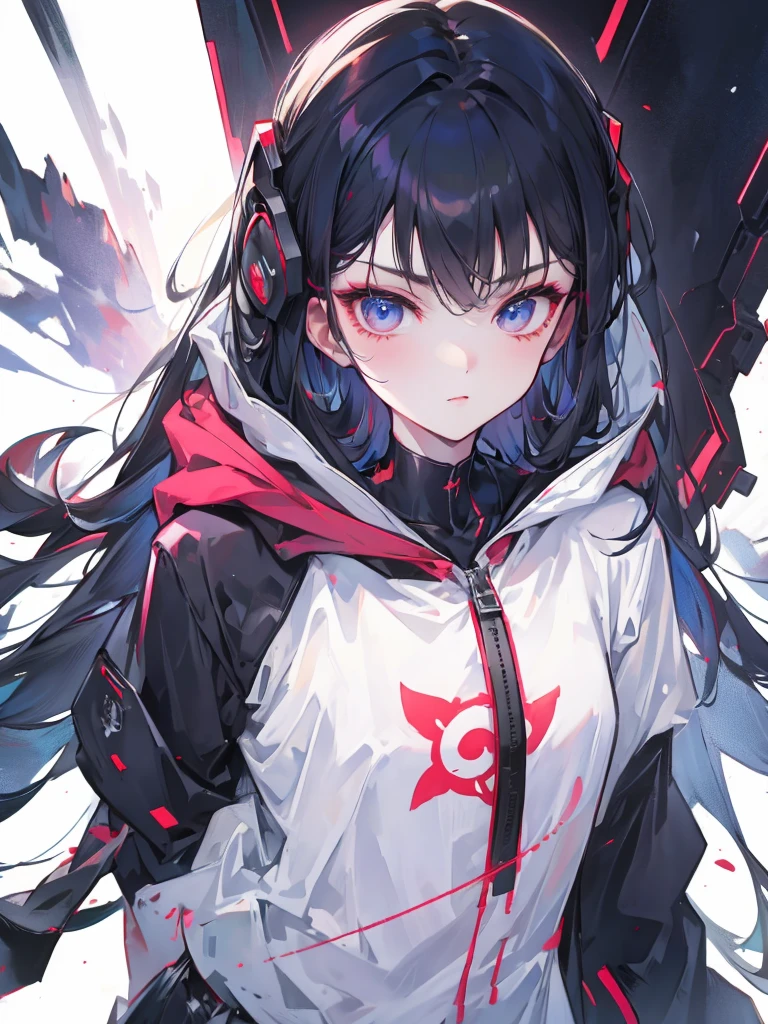Upper Body, male、Handsome, wearing a black hooded hoodie, cyber punk、Sharp Eyes