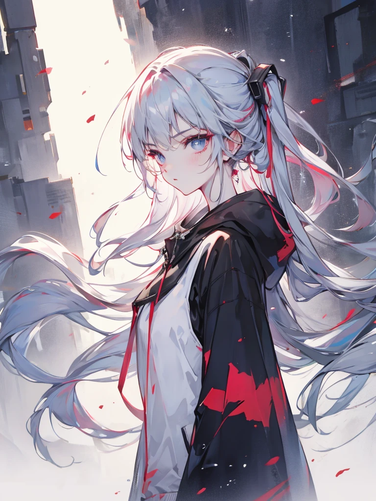 Upper Body, male、Handsome, wearing a black hooded hoodie, cyber punk、Sharp Eyes