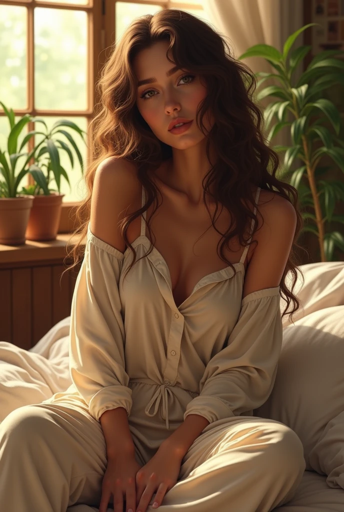 (photorealism:1.2), beautiful woman, sitting on bed, wearing loose off-shoulder top, pajama pants, long curly hair, indoors, soft lighting, plants in background, window with sunlight, cozy room, relaxed pose, realistic, intricate details, warm colors, by Greg Rutkowski, by Alphonse Mucha