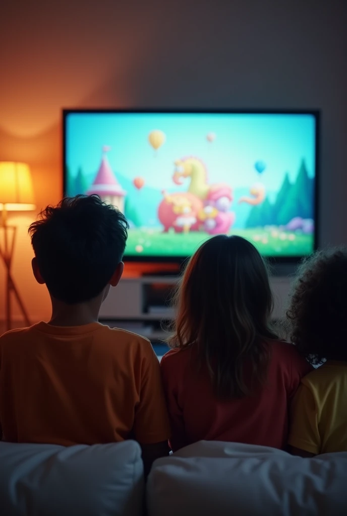 a family watching television together, let television be the fundamental idea, with the family and the TV on their backs in the background