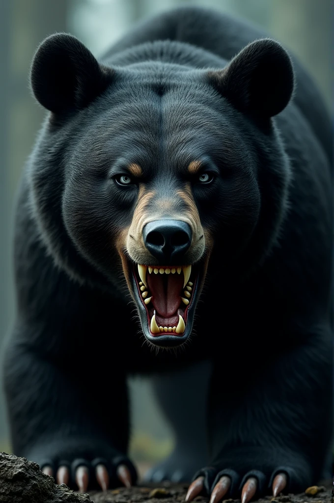 A black bear with a terrifying face and sharp teeth, black eyes with white pupils and a mocking smile