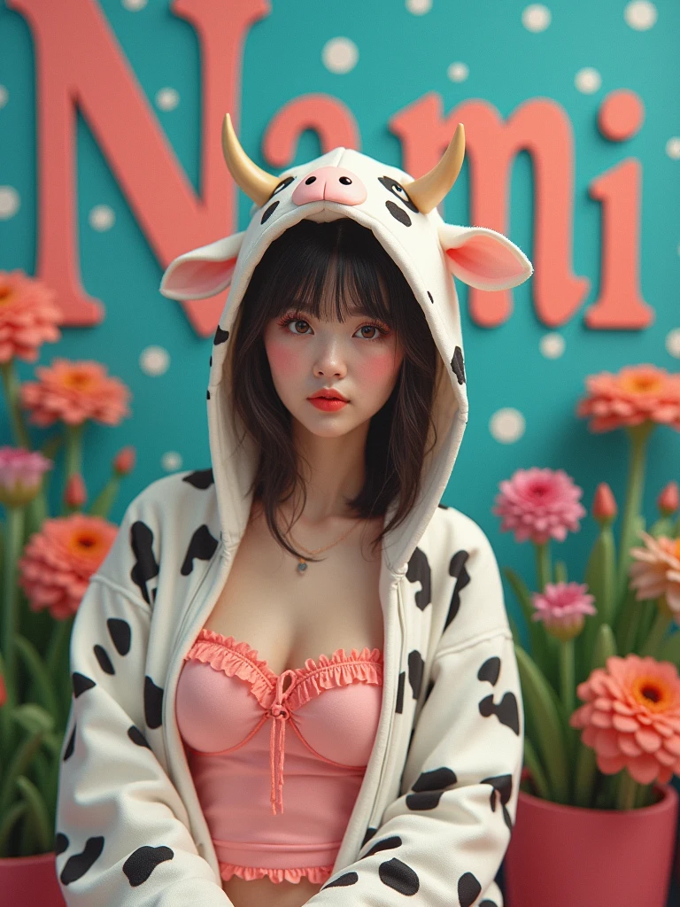 A woman in a cow costume poses for a photo, the spotty text "Nami" on the wall, inspired by Edo Murtich, tumblr, gorgeous bikini model, anime Barbie doll, ultra-realistic cute bunny girl inspired by Nier : automata