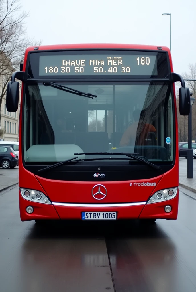 A white mercedes articuladet bus from 2010 with a red front.On the front is a white writing ◽RVM Regiobus.The destination is SCHLAUE NUMMER U 180 3 50 40 30.The busplate is ST RV 1005.