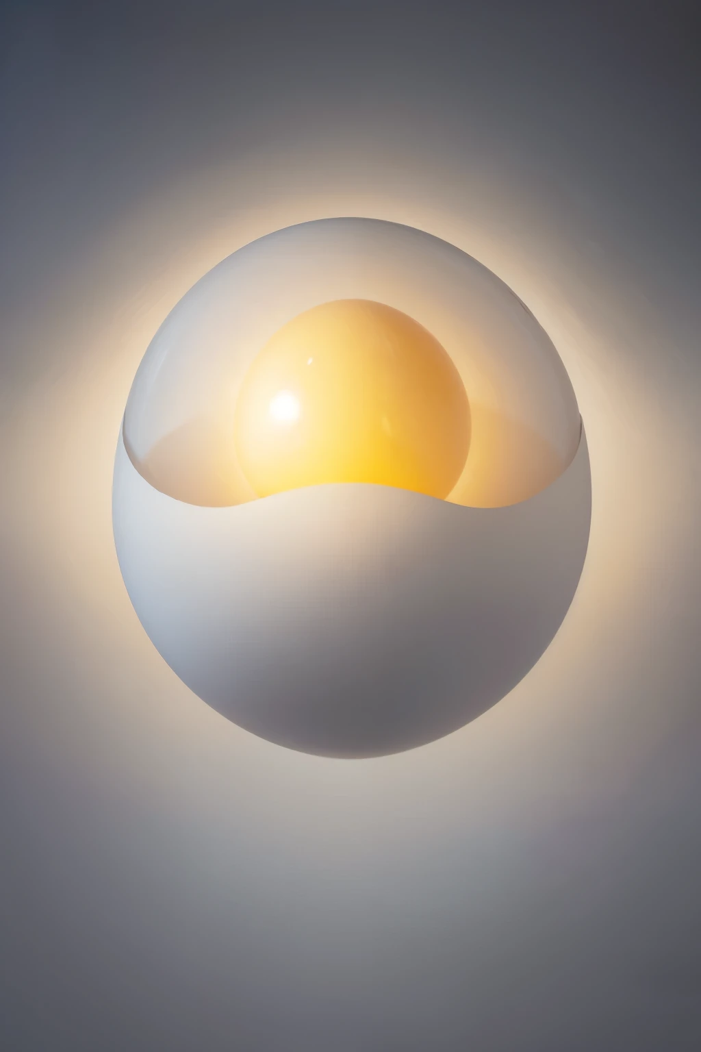 Create an image of an egg floating in a dark, empty space. A beam of intense white light hits the top of the egg, penetrating it without breaking its shell. The eggshell is, transparentes, like a polished and smooth diamond. The egg white region is only AR, filled with the white light that comes from above. The gem is a perfect golden sphere, that emits its own light, like a little sun, with golden light, floating in the center of the egg.
