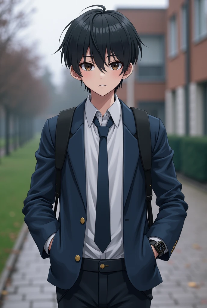 A boy with black hair, short, smooth and slightly disheveled, with bangs that fall slightly over her eyes. dark-brown eyes, almost black, with a penetrating and serious look. His eyes convey a mixture of coldness and sadness. skin fair, but not pale, with a healthy tone. Face with fine, well-defined features, with a pointed intermediate chin. He has a pretty face, wears a white long-sleeved shirt, navy blue jacket, black pants and a dark blue tie. He always looks flawless, maintaining a tidy appearance so as not to attract attention. Carry a simple black backpack. He wears a discreet black watch on his left wrist., which is actually a communication device. Maintain an upright and confident posture. Has a neutral and reserved expression. School in the background.