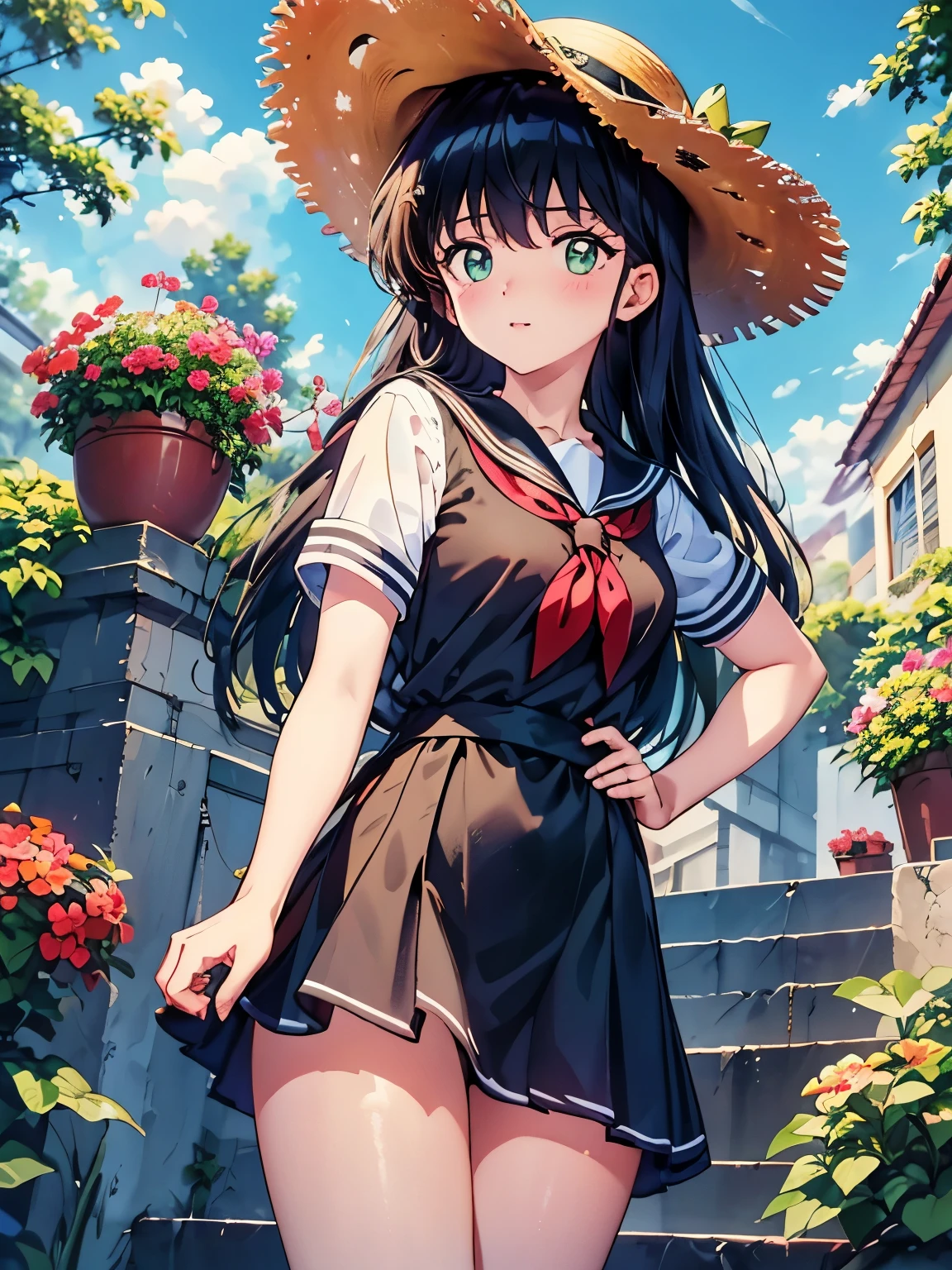 (masterpiece, high quality:1.2:), (Vivid colors), (Beautiful, detailed eyes),Brown schoolgirl sailor suit, Short sleeve、beautifully long hair, Narrow waist, From below, null, garden, Stairs on the hill, Red straw hat, Kyoko Otonashi、4Ｋ，8Ｋ,(Genuine、Genuine志向、photograph、Genuine志向:1.3）、High resolution、超High resolution、超High resolutionの絵画、Cowboy Shot