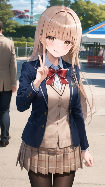 masterpiece, best quality, highres, aamahiru, long hair, red bowtie, blue jacket, blazer, long sleeves, plaid skirt, brown skirt, pantyhose, peace sign, amusement park, smile, standing
